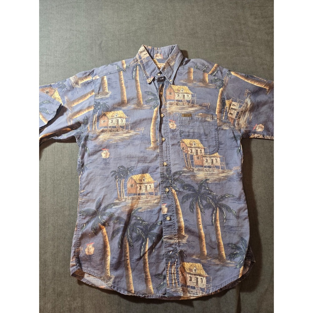 Woolrich Shirt Mens M Button Up Floral Palm Trees Tiki Hut 100% Cotton Blue